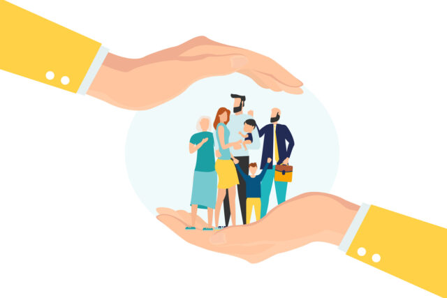 Family safety, life insurance or protection concept, lovely family holding hands, parent with children in helping hand, palm with other hand covering from above for shelter and protection.